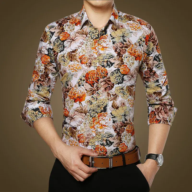 Korean Style Printed Cotton Long Sleeve Shirt for Men - Image 3