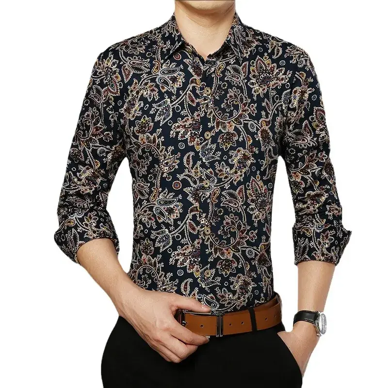 Korean Style Printed Cotton Long Sleeve Shirt for Men - Image 7