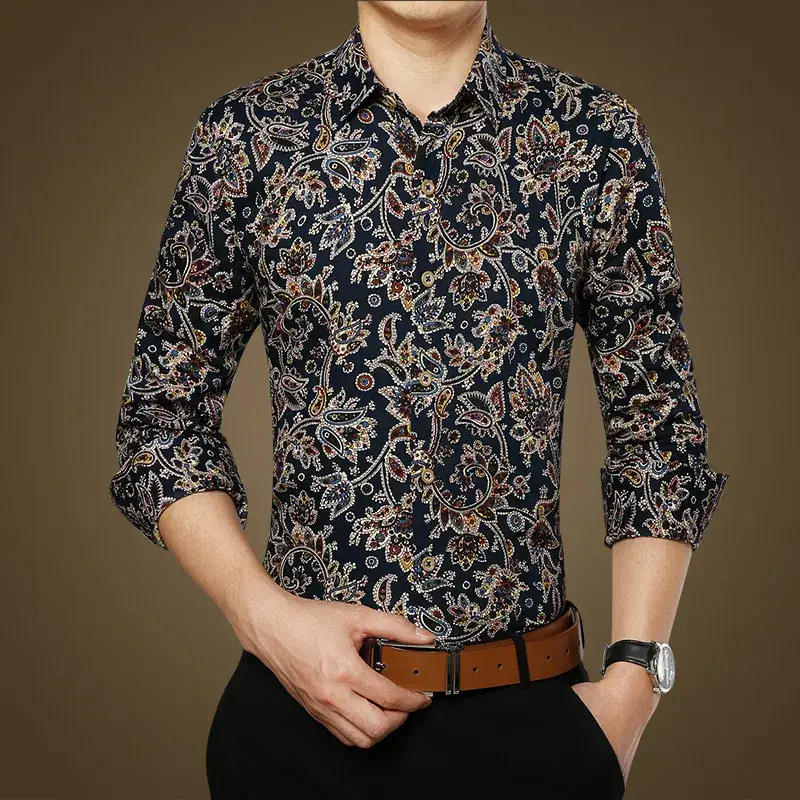 Korean Style Printed Cotton Long Sleeve Shirt for Men - Image 4
