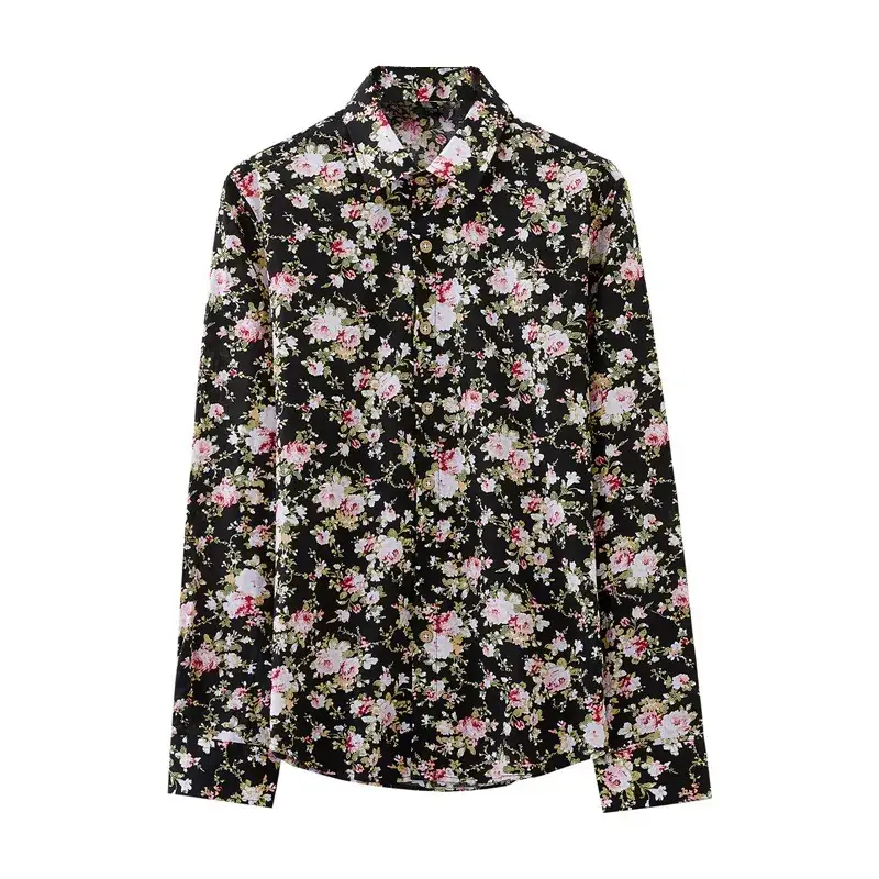 Men Floral Long Sleeve Shirt Black Spring Autumn Wear - Image 8