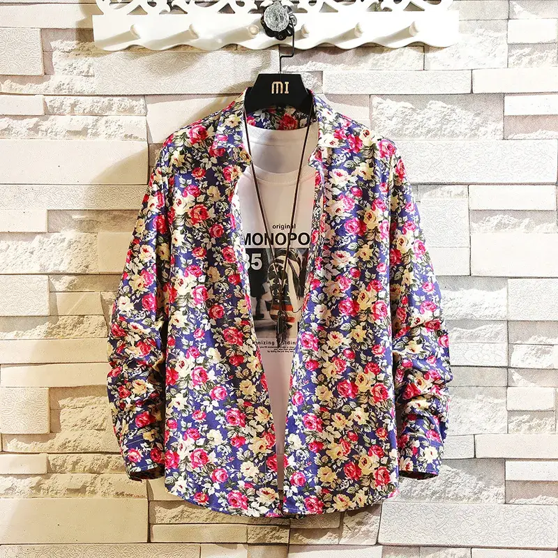 Men Floral Long Sleeve Shirt Black Spring Autumn Wear - Image 2
