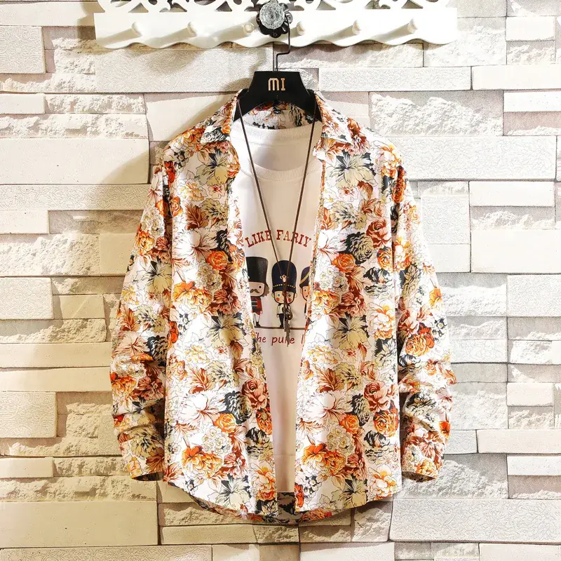 Men Floral Long Sleeve Shirt Black Spring Autumn Wear - Image 3