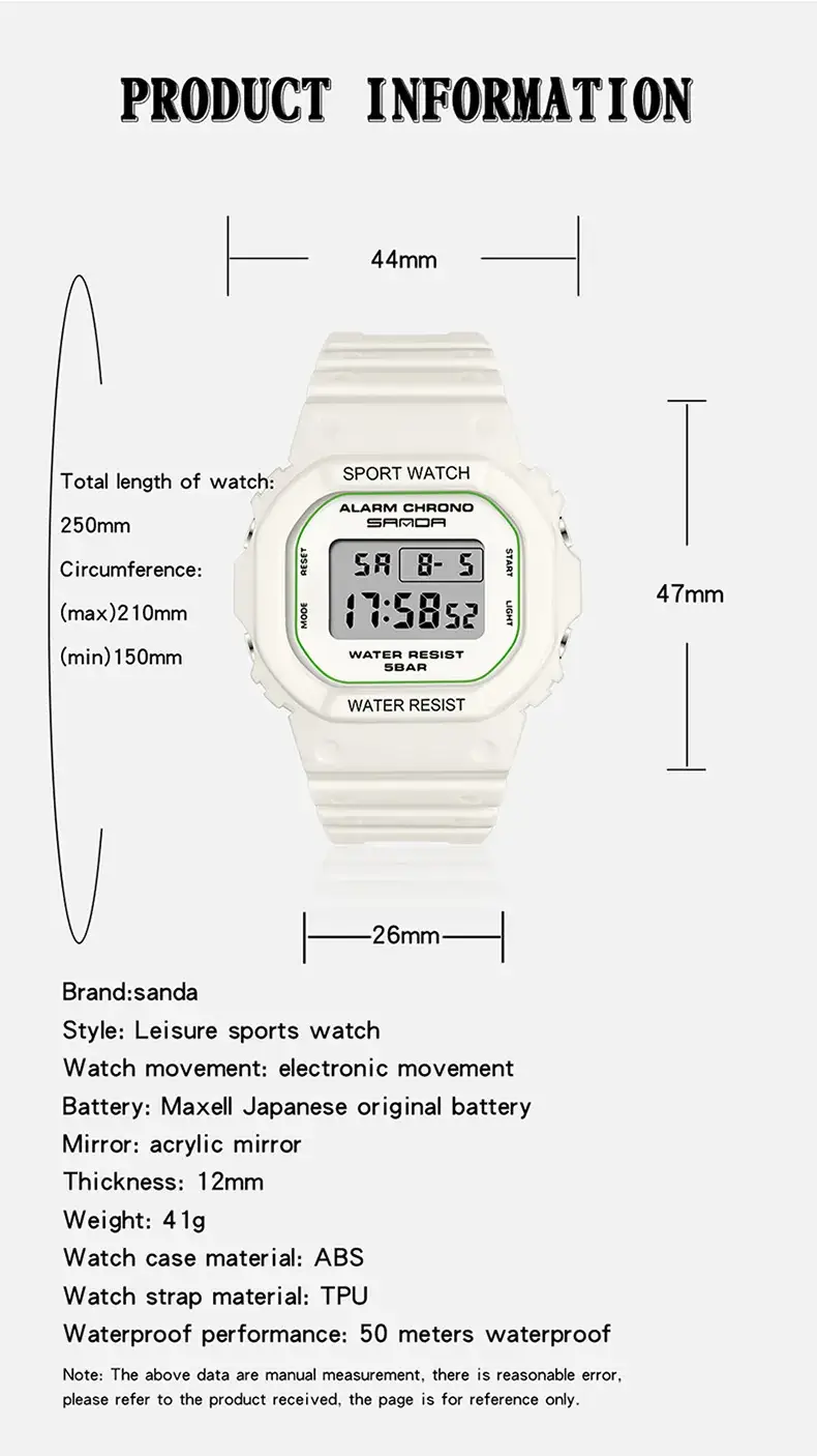 Sanda Square Waterproof Sports Watch Black — feature 34
