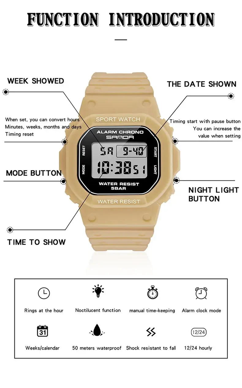 Sanda Square Waterproof Sports Watch Black — feature 42