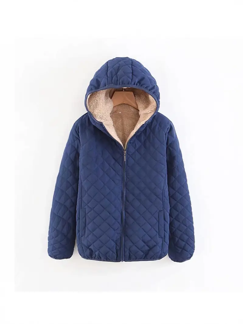 Blue Quilted Hooded Coat for Women Winter Warm