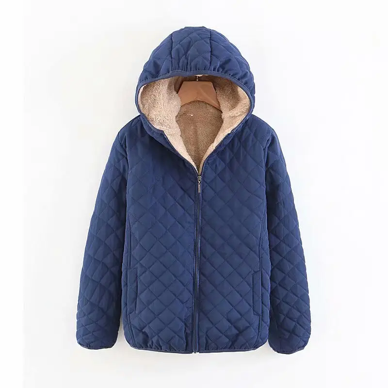 Blue Quilted Hooded Coat for Women Winter Warm