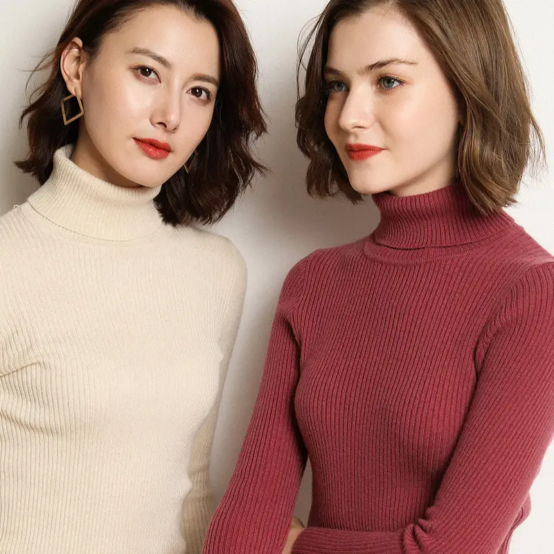 Women's Thick High-Neck Knit Sweater Brown Long Sleeve - Image 20