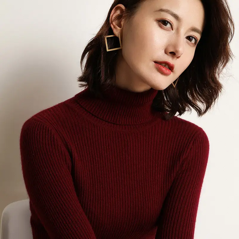 Women's Thick High-Neck Knit Sweater Brown Long Sleeve - Image 11