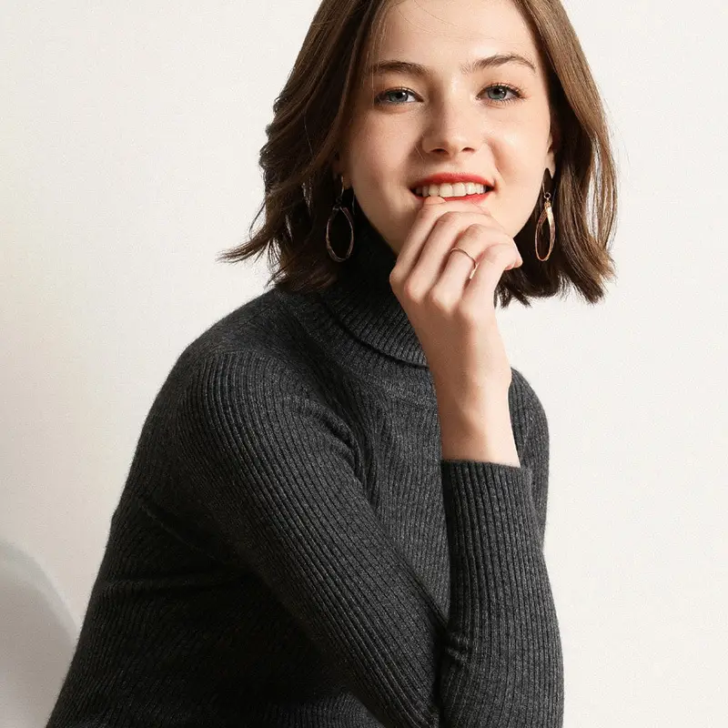 Women's Thick High-Neck Knit Sweater Brown Long Sleeve - Image 12