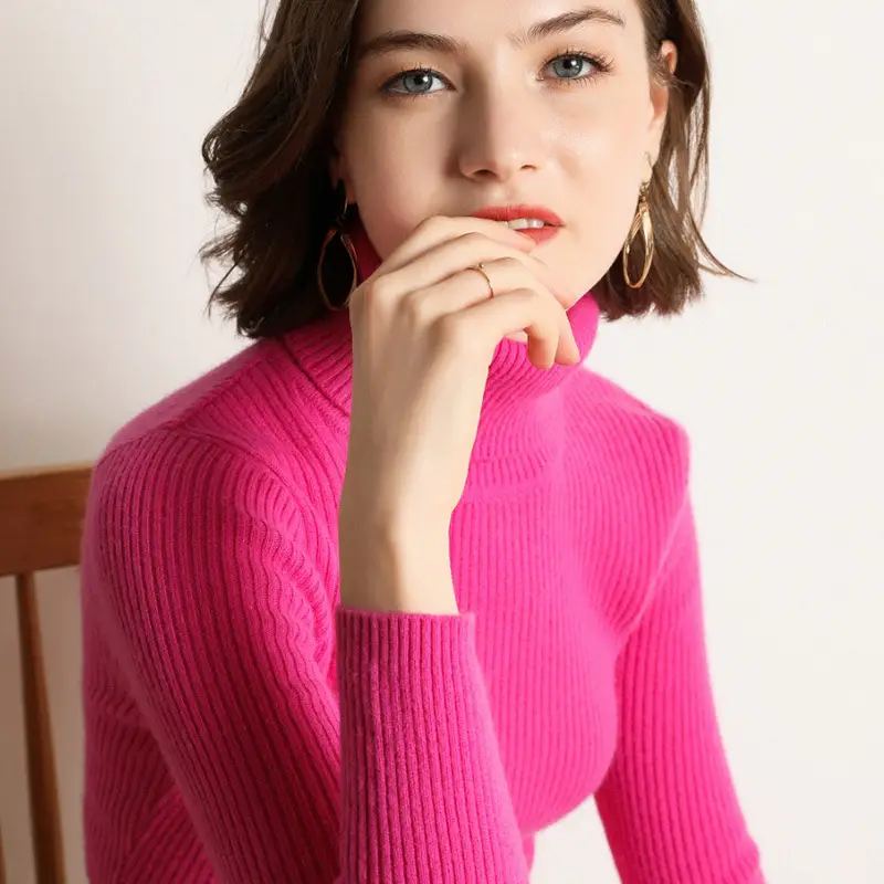 Women's Thick High-Neck Knit Sweater Brown Long Sleeve - Image 14