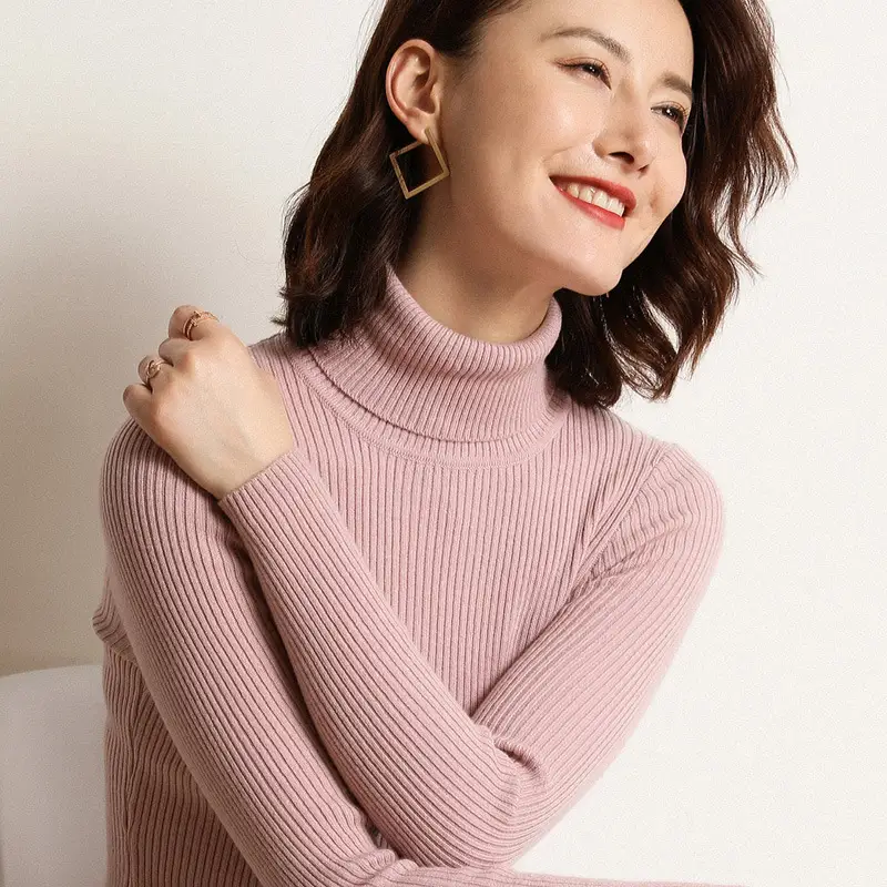 Women's Thick High-Neck Knit Sweater Brown Long Sleeve - Image 15