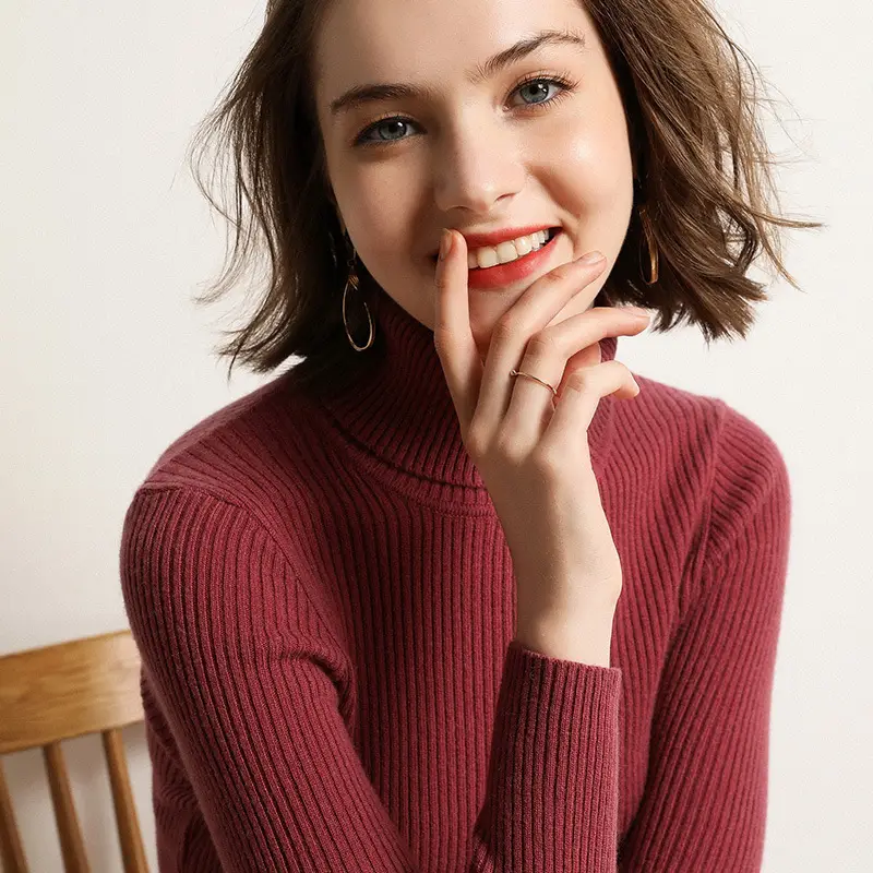Women's Thick High-Neck Knit Sweater Brown Long Sleeve - Image 16