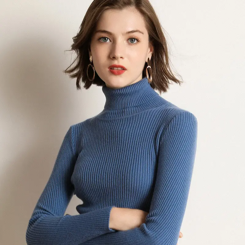 Women's Thick High-Neck Knit Sweater Brown Long Sleeve - Image 17