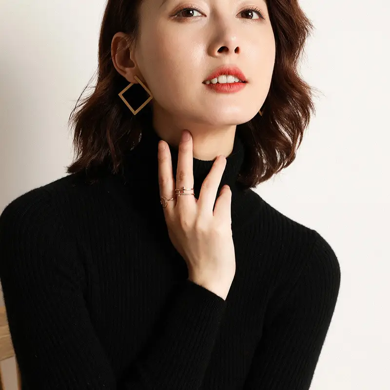 Women's Thick High-Neck Knit Sweater Brown Long Sleeve - Image 3
