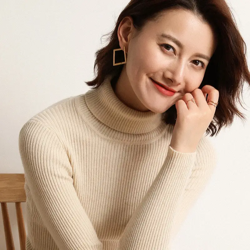 Women's Thick High-Neck Knit Sweater Brown Long Sleeve - Image 4