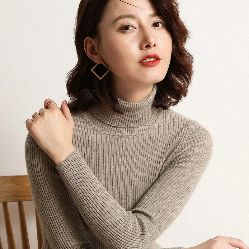 Women's Thick High-Neck Knit Sweater Brown Long Sleeve - Image 5