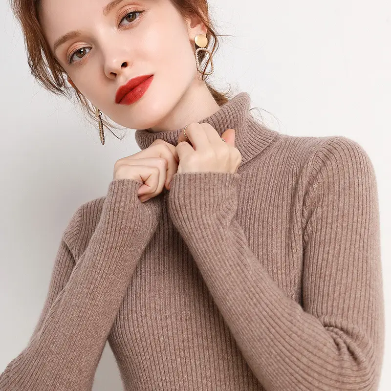 Women's Thick High-Neck Knit Sweater Brown Long Sleeve - Image 7