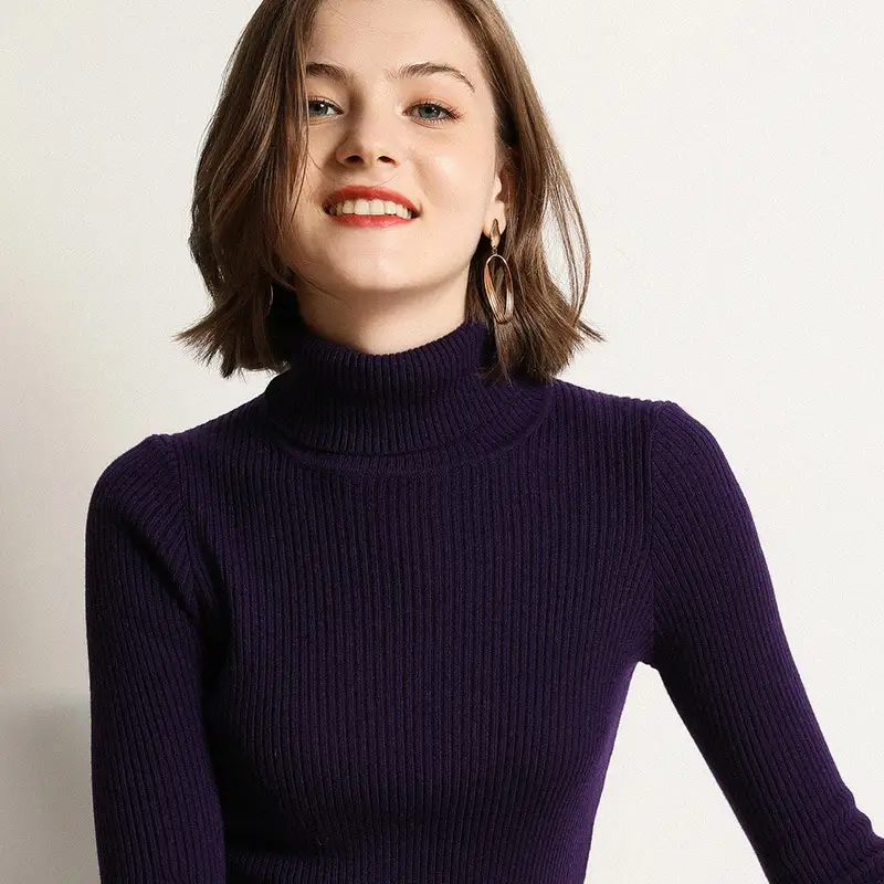 Women's Thick High-Neck Knit Sweater Brown Long Sleeve - Image 9