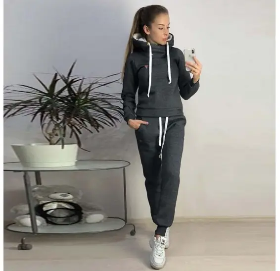 Women Fleece Track Suit Black Hooded Sweatshirt Pants Set - Image 3