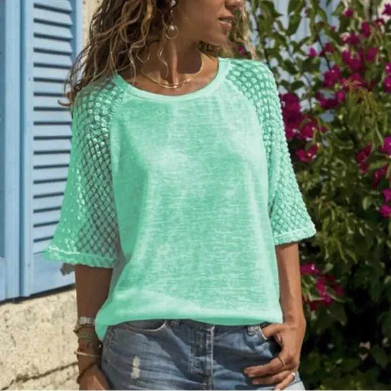 Purple Lace Three Quarter Sleeves Round Neck Top