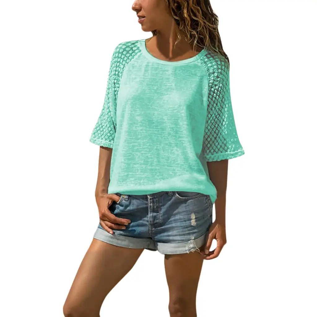 Purple Lace Three Quarter Sleeves Round Neck Top — feature 23