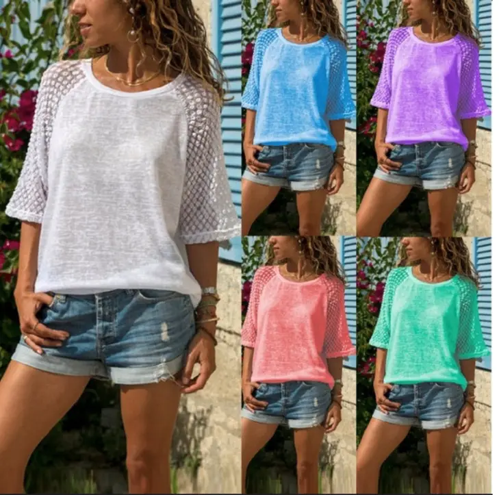 Purple Lace Three Quarter Sleeves Round Neck Top — feature 24