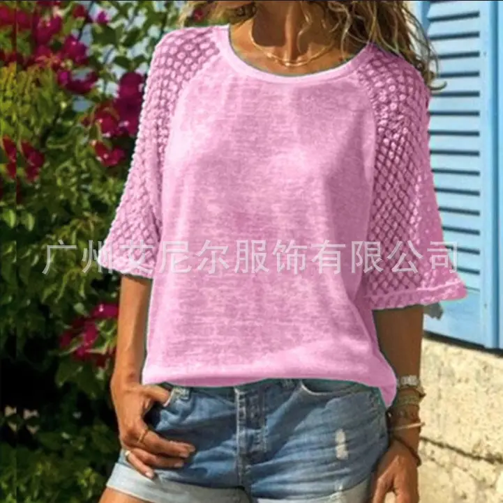 Purple Lace Three Quarter Sleeves Round Neck Top — feature 25