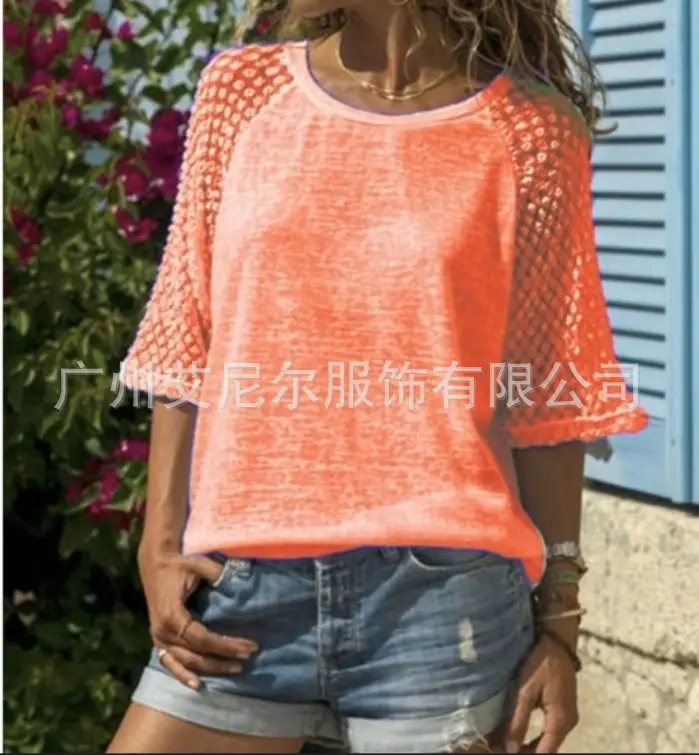 Purple Lace Three Quarter Sleeves Round Neck Top — feature 26
