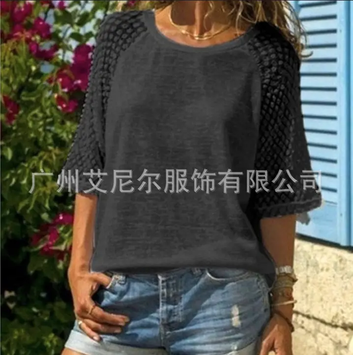 Purple Lace Three Quarter Sleeves Round Neck Top — feature 28