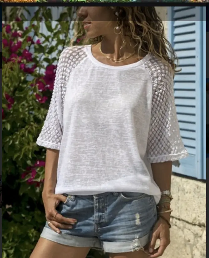 Purple Lace Three Quarter Sleeves Round Neck Top — feature 32