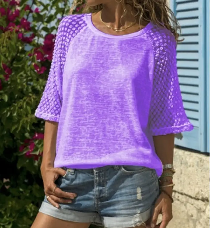 Purple Lace Three Quarter Sleeves Round Neck Top — feature 33