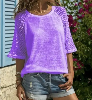 Purple Lace Three Quarter Sleeves Round Neck Top