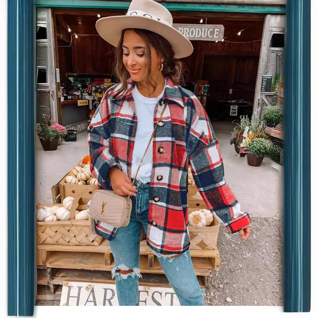 Women Plaid Long Sleeve Jacket Mid Length Loose Cotton - Image 6