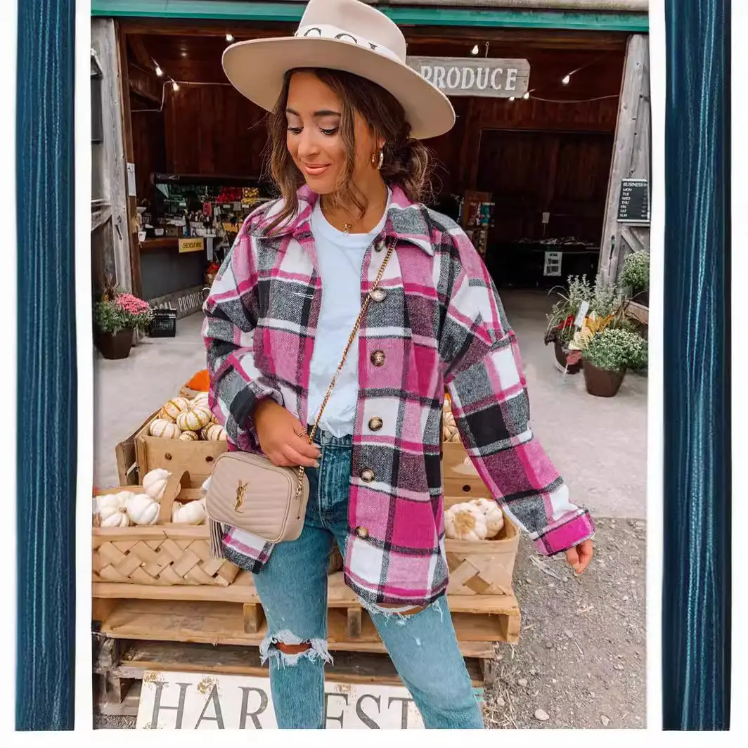Women Plaid Long Sleeve Jacket Mid Length Loose Cotton - Image 7