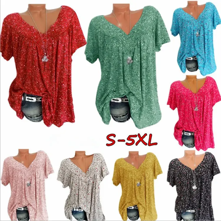 Green Printed V Neck Loose T-Shirt Top - Image 9