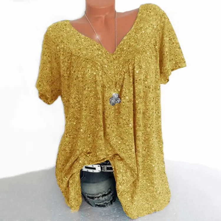 Green Printed V Neck Loose T-Shirt Top - Image 11
