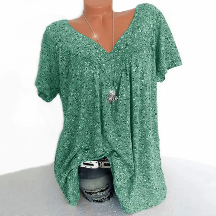 Green Printed V Neck Loose T-Shirt Top - Image 2