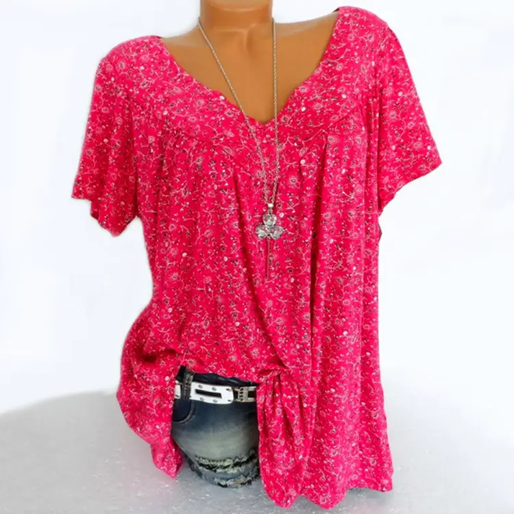Green Printed V Neck Loose T-Shirt Top - Image 3