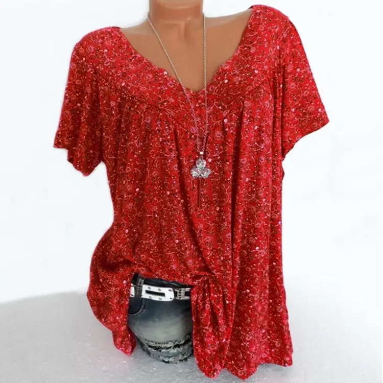 Green Printed V Neck Loose T-Shirt Top - Image 8