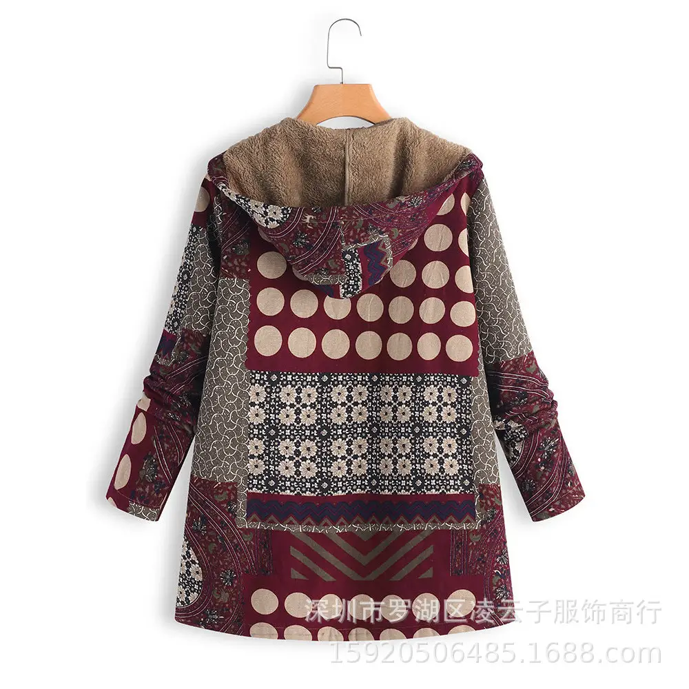 Women Winter Hooded Coat Zipper Retro Cotton Linen
