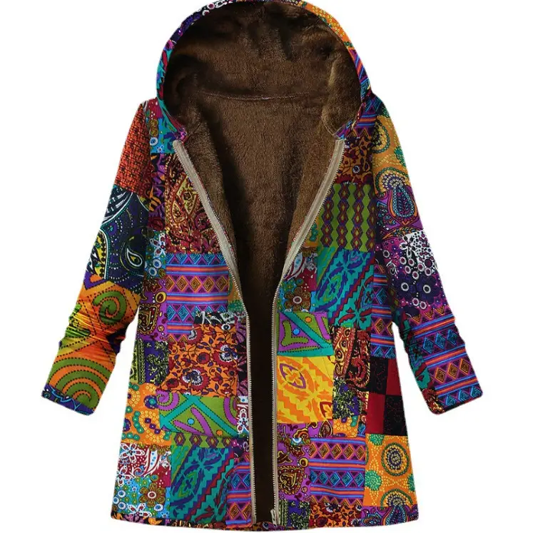Women Winter Hooded Coat Zipper Retro Cotton Linen