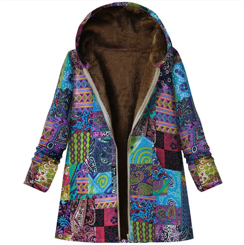 Women Winter Hooded Coat Zipper Retro Cotton Linen