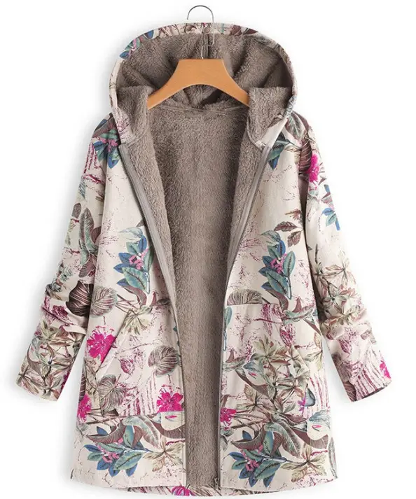 Women Winter Hooded Coat Zipper Retro Cotton Linen