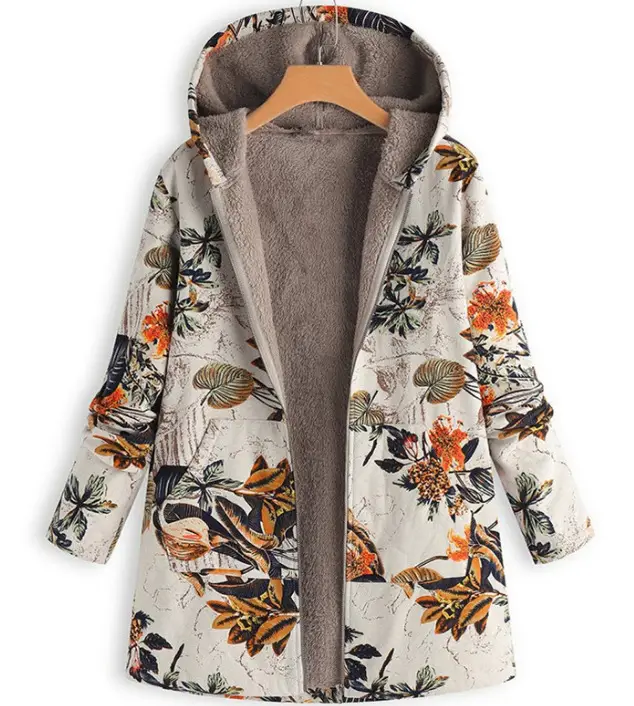 Women Winter Hooded Coat Zipper Retro Cotton Linen