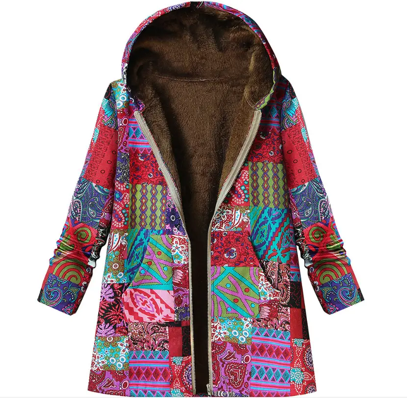 Women Winter Hooded Coat Zipper Retro Cotton Linen