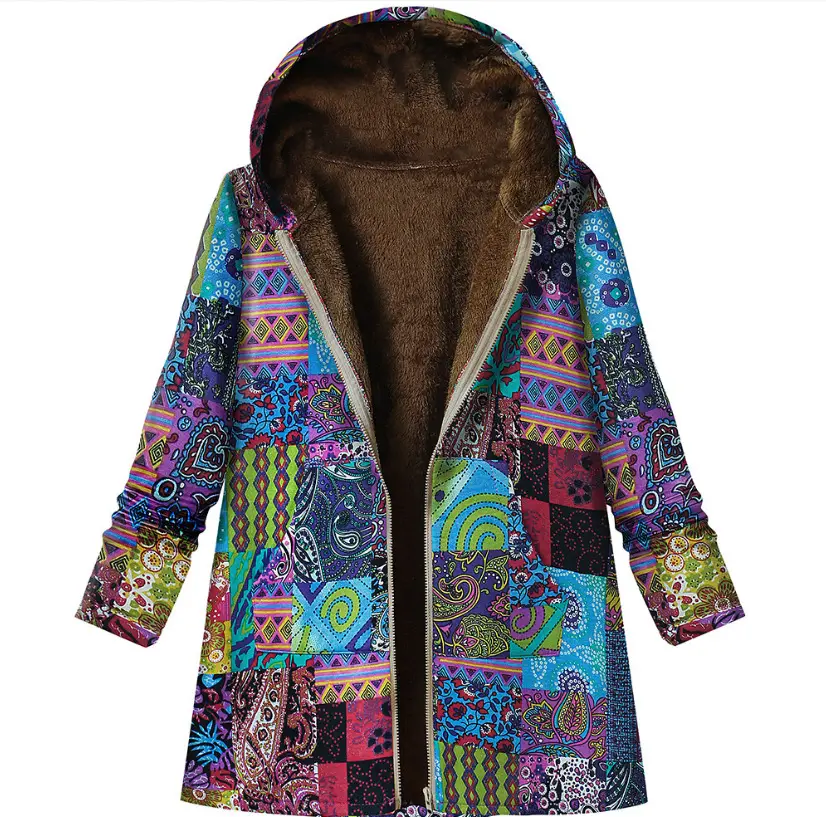 Women Winter Hooded Coat Zipper Retro Cotton Linen