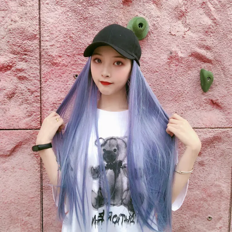 Haze Blue Long Straight Wig with Cap for Women