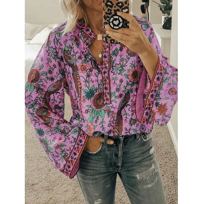 Women Floral Collar Long Sleeve Shirt Blue Winter - Image 3