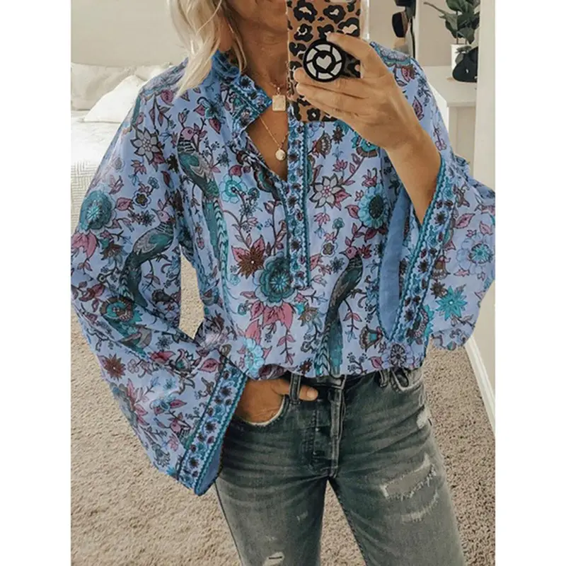 Women Floral Collar Long Sleeve Shirt Blue Winter - Image 4