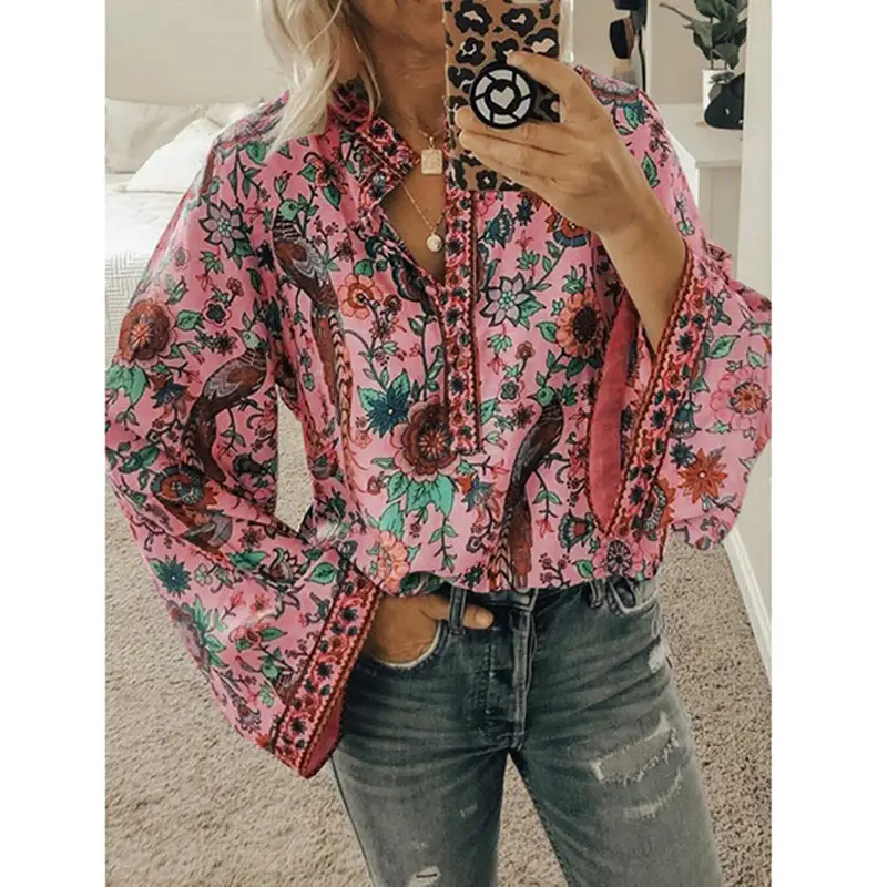 Women Floral Collar Long Sleeve Shirt Blue Winter - Image 8
